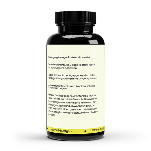 Hochwertige Vitamin D3 3,000 I.U. - 60 vegan softgels zur Unterstützung des Immunsystems. Laborgeprüft und rein.