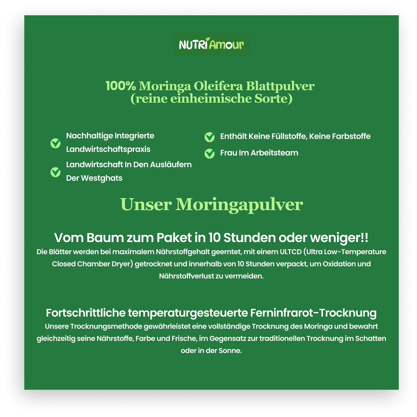 Hochwertiges Moringa Pulver kaufen (250g) – 100% Reines Blattpulver für Ihr Wohlbefinden, laborgeprüft.