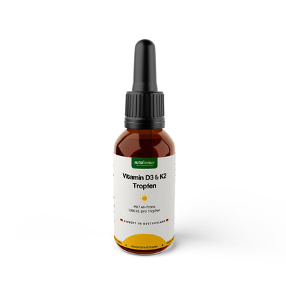 Laborgeprüfte Vitamin D3 K2 Tropfen – NutriAmour mit 1.000 I.E. für die tägliche Unterstützung Ihres Wohlbefindens.