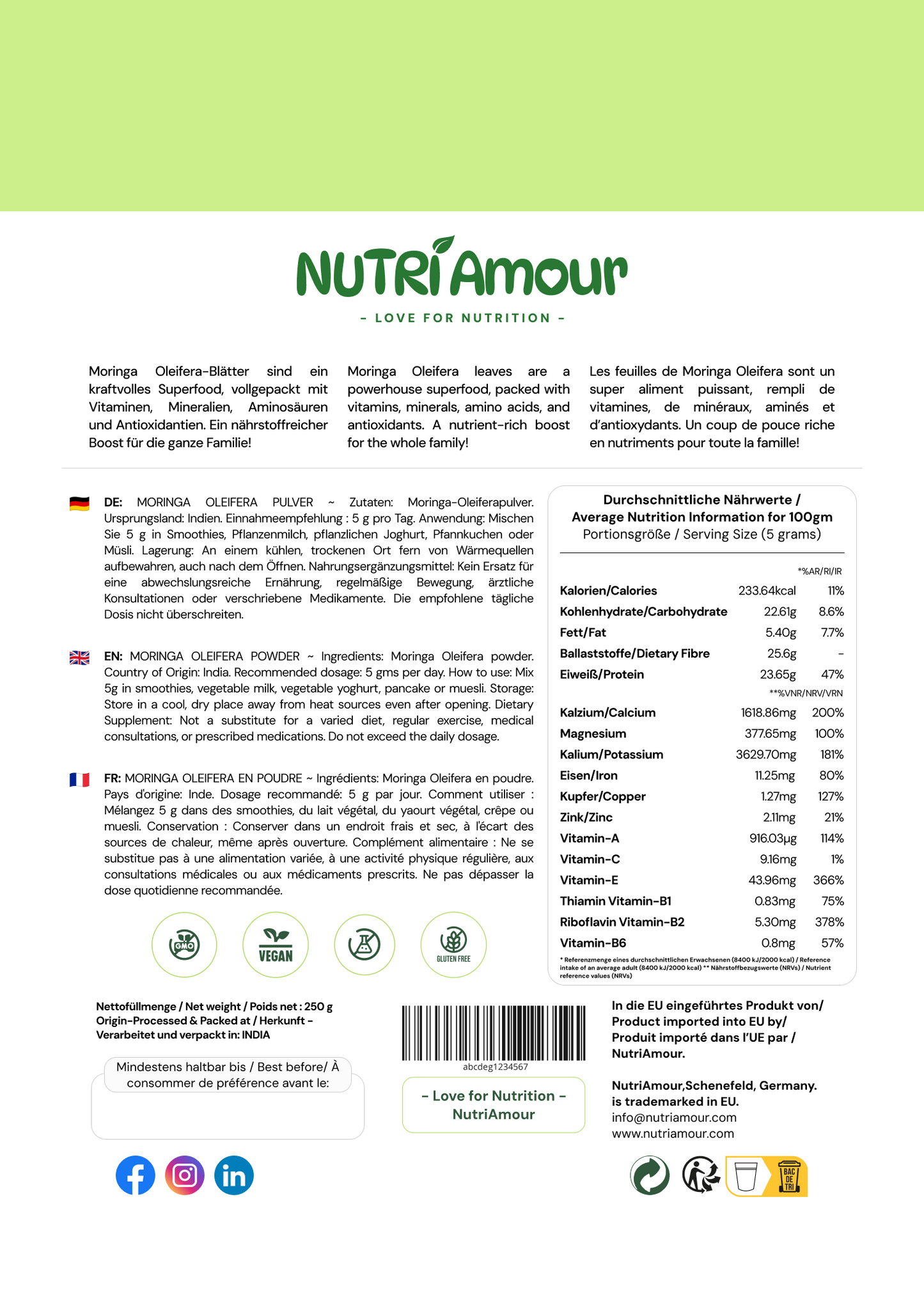 Natürliches Moringa Pulver kaufen (250g) – 100% Reines Blattpulver für Ihr tägliches Wohlbefinden. Laborgeprüft.