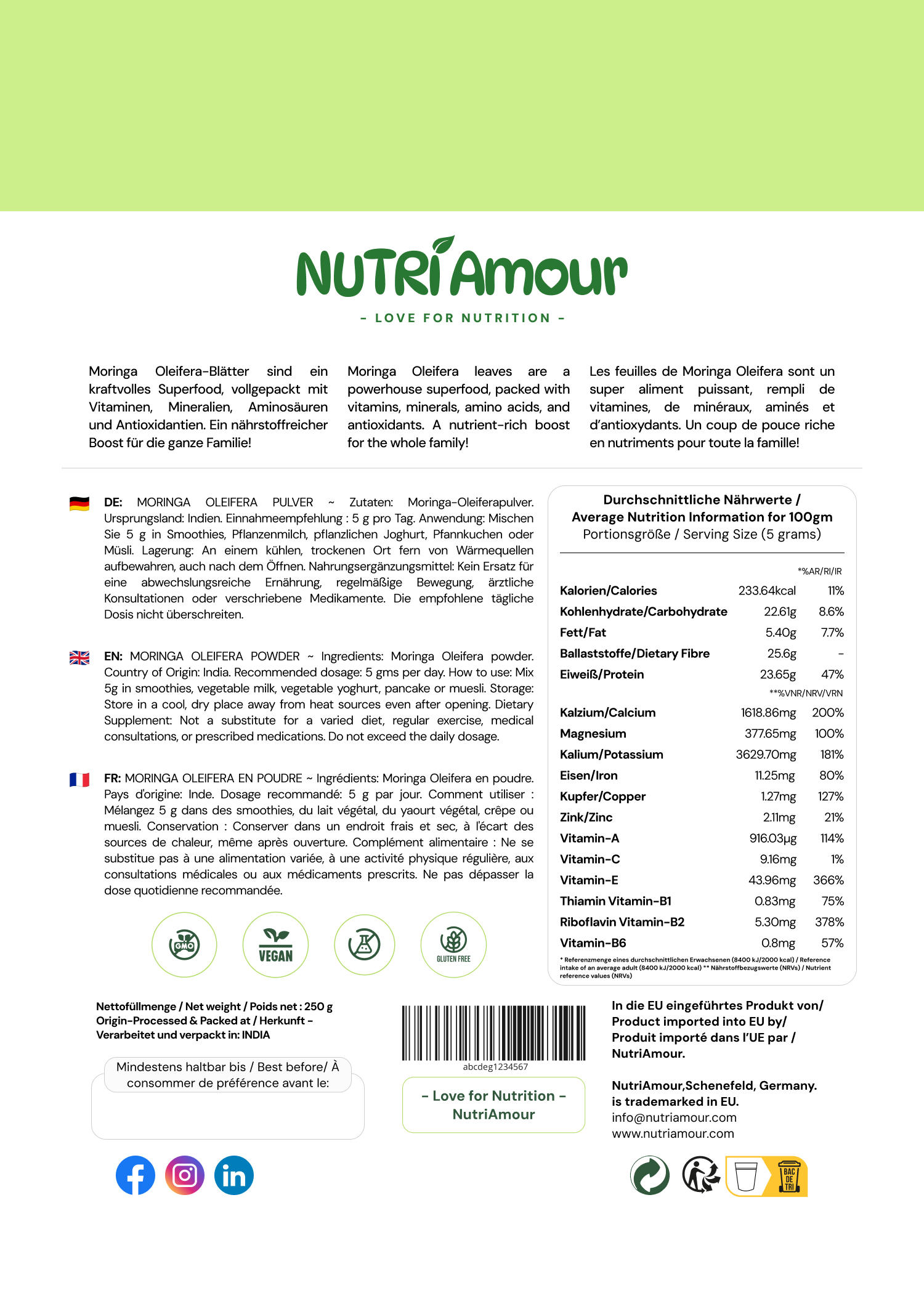 Natürliches Moringa Pulver kaufen (250g) – 100% Reines Blattpulver für Ihr tägliches Wohlbefinden. Laborgeprüft.