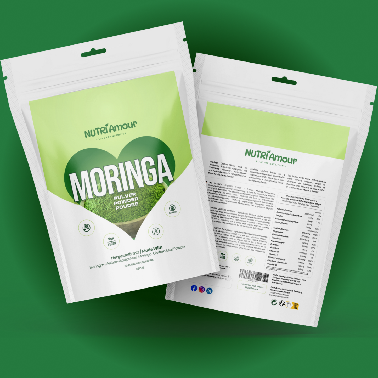 Natürliches Moringa Pulver kaufen (250g) – 100% Reines Blattpulver, ideal für Smoothies und tägliches Wohlbefinden.