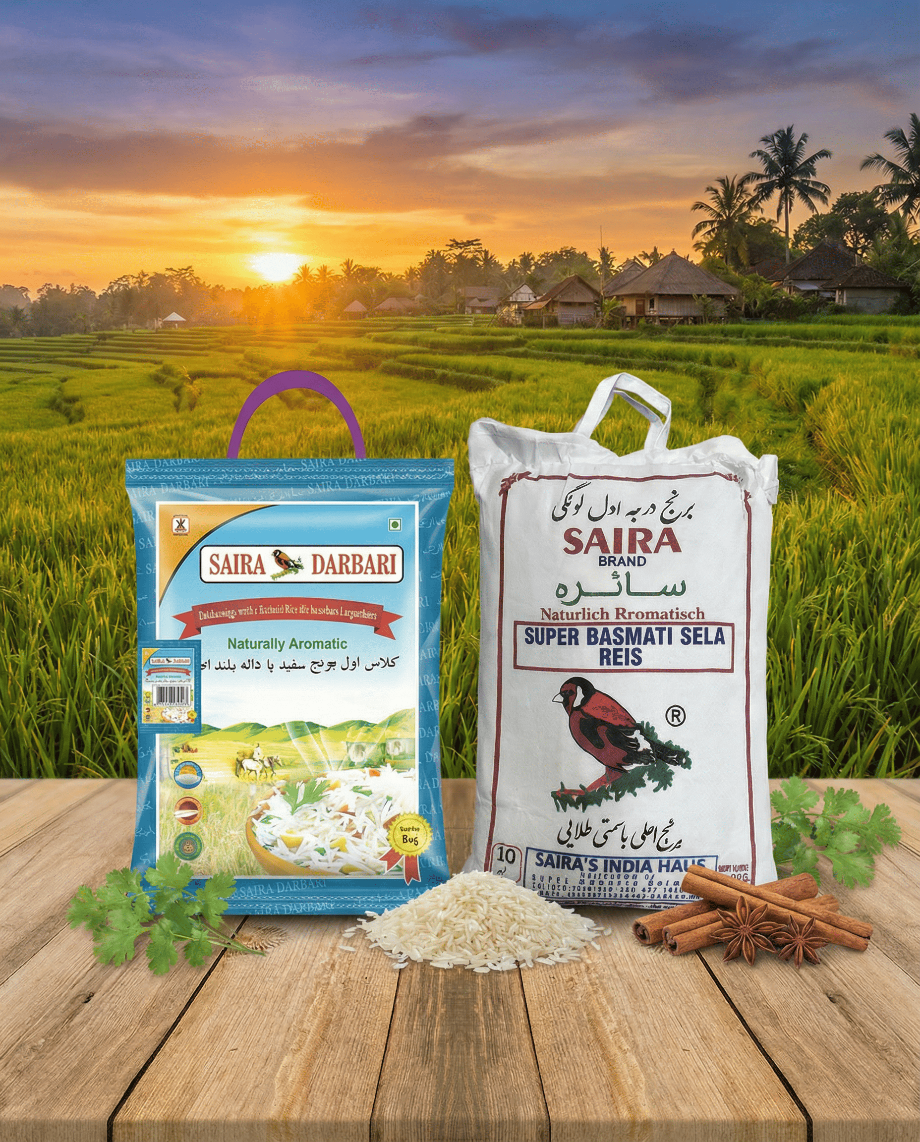SAIRA Darbari und SAIRA Super Basmati Sela Reis Verpackungen mobile Ansicht vor Reisfeld