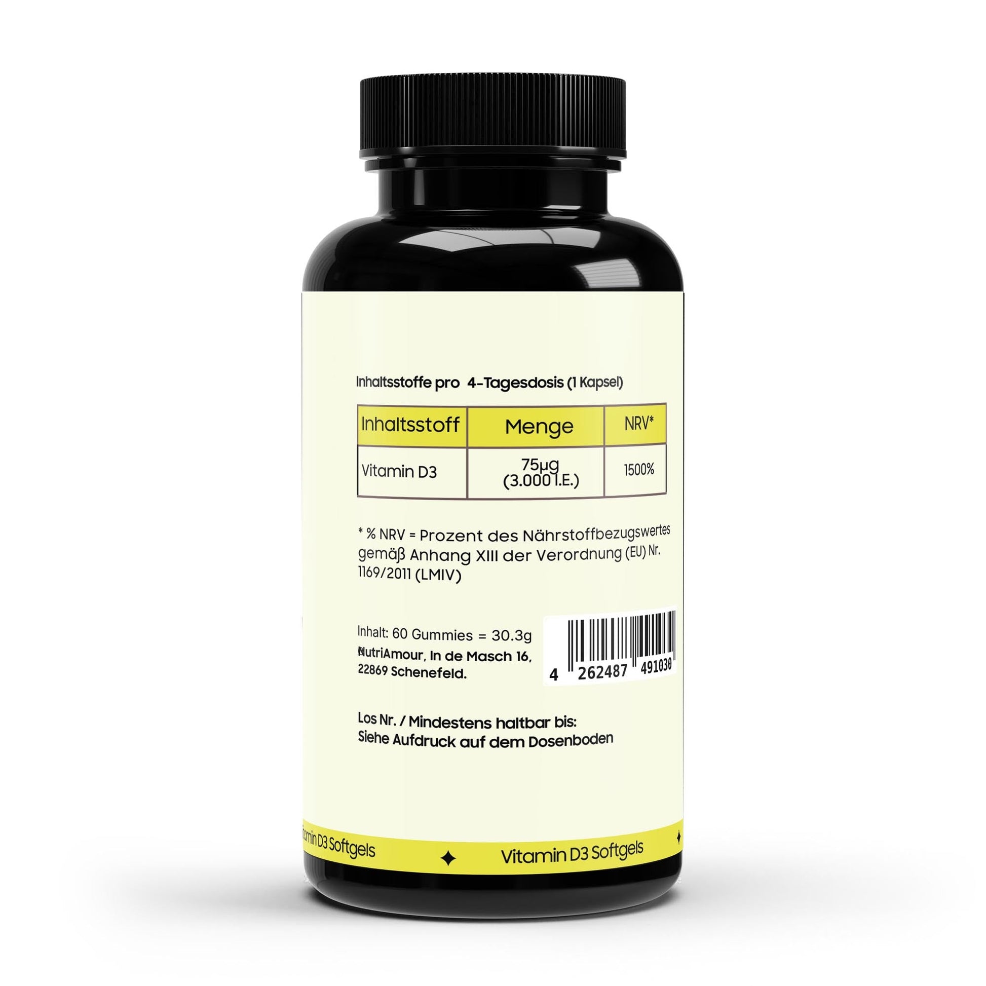 Laborgeprüfte Vitamin D3 3,000 I.U. - 60 vegan softgels zur täglichen Unterstützung von Immunsystem und Knochen.