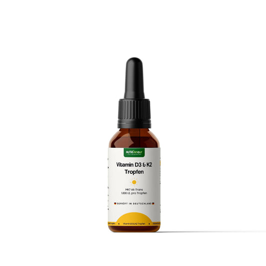 Vitamin D3 K2 Tropfen – NutriAmour. Laborgeprüfte Qualität zur Unterstützung von Immunsystem und normalen Knochen.