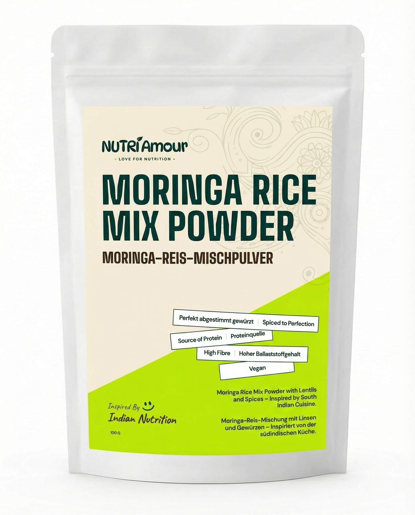 Reines Moringa Rice Mix Powder with Lentils & Spices 100 G für eine ausgewogene Ernährung und mehr Wohlbefinden.