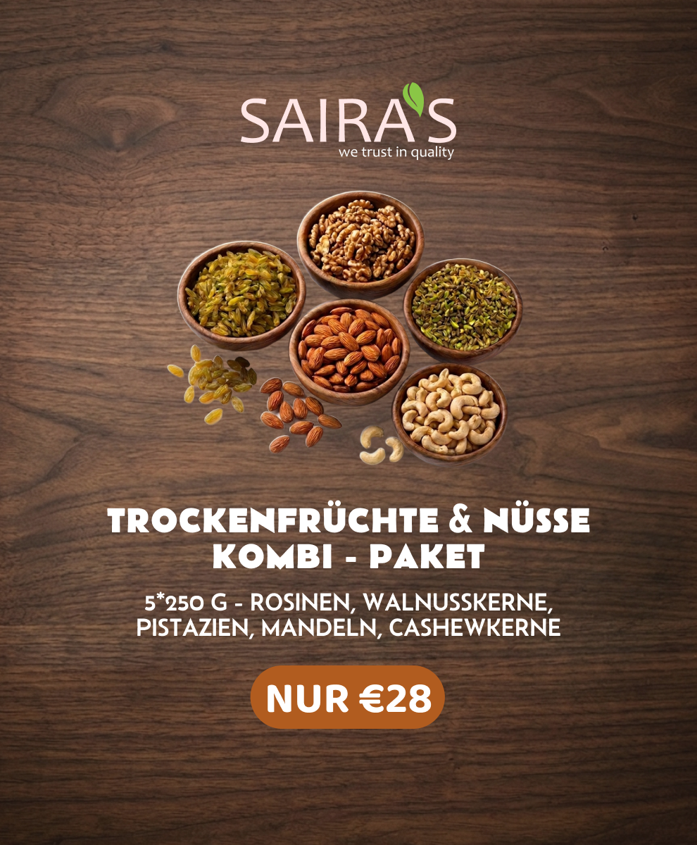 SAIRA'S Trockenfrüchte & Nüsse Kombi-Paket mobile Banner – Rosinen, Walnusskerne, Pistazien, Mandeln, Cashewkerne, 5x250g